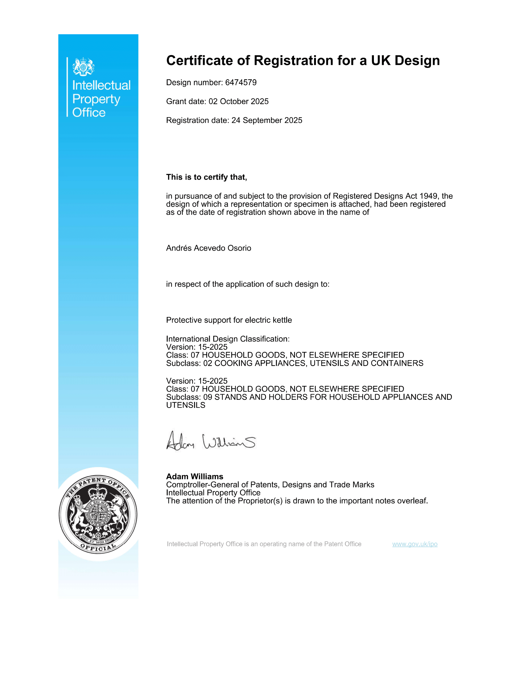 UK Intellectual Property Office Design Certificate